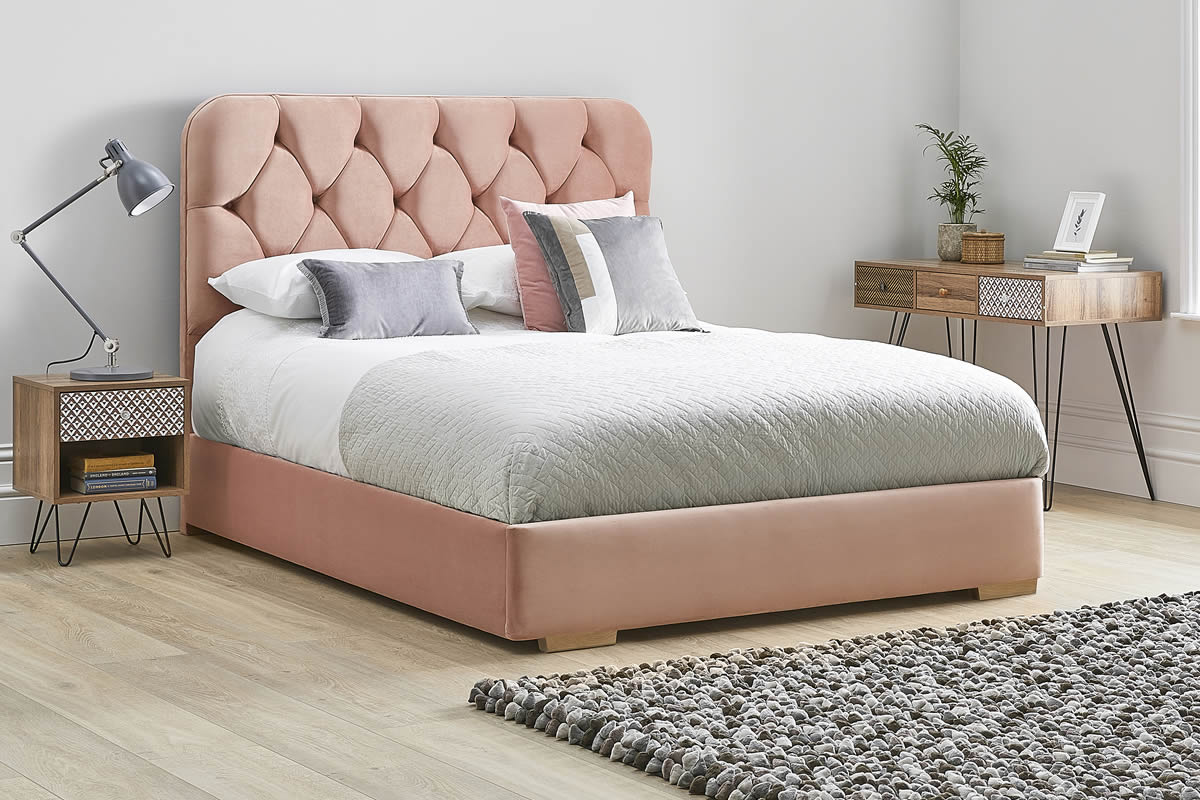 View Pink Fabric Bed Frame Rounded Deeply Padded Plush Buttoned Headboard Heavy Duty 60 Super King Bed Low Foot End Lilly information