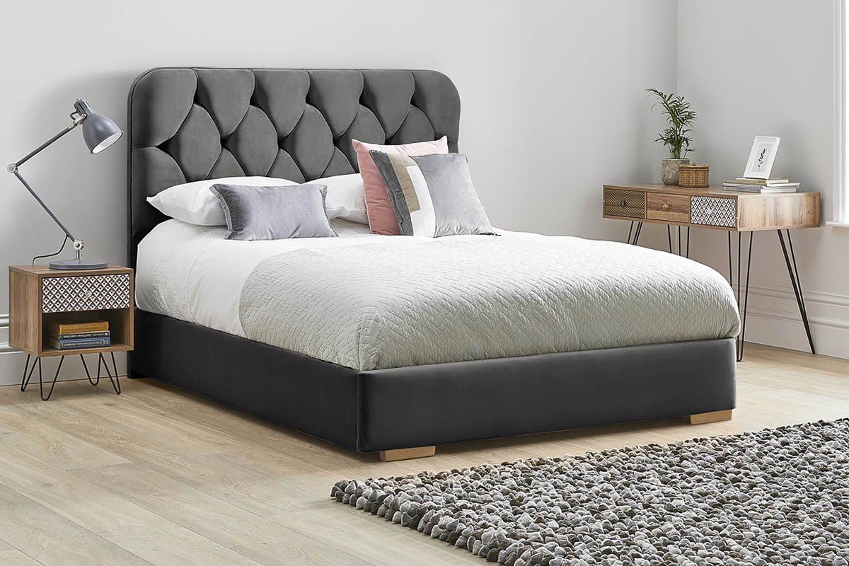 View Black Fabric Bed Frame Rounded Deeply Padded Plush Buttoned Headboard Heavy Duty 60 Super King Bed Low Foot End Lilly information