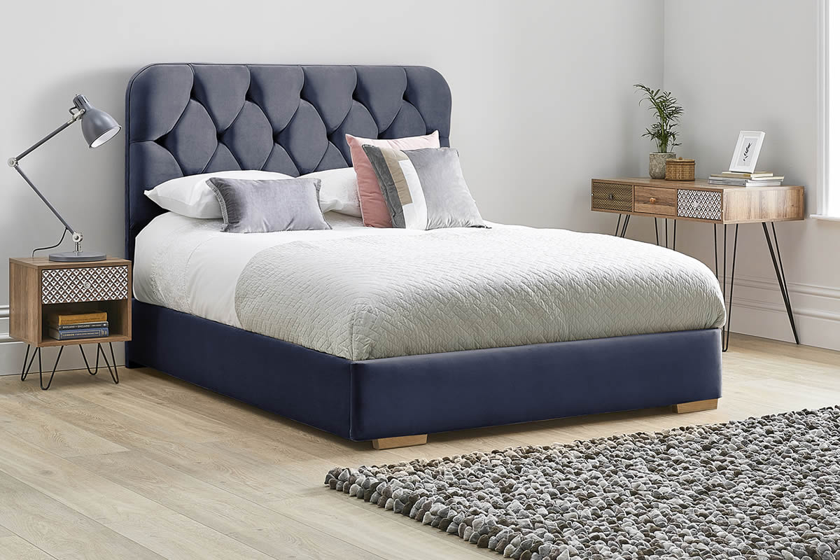 View Navy Blue Fabric Bed Frame Rounded Deeply Padded Plush Buttoned Headboard Heavy Duty 46 Double Bed Low Foot End Lilly information