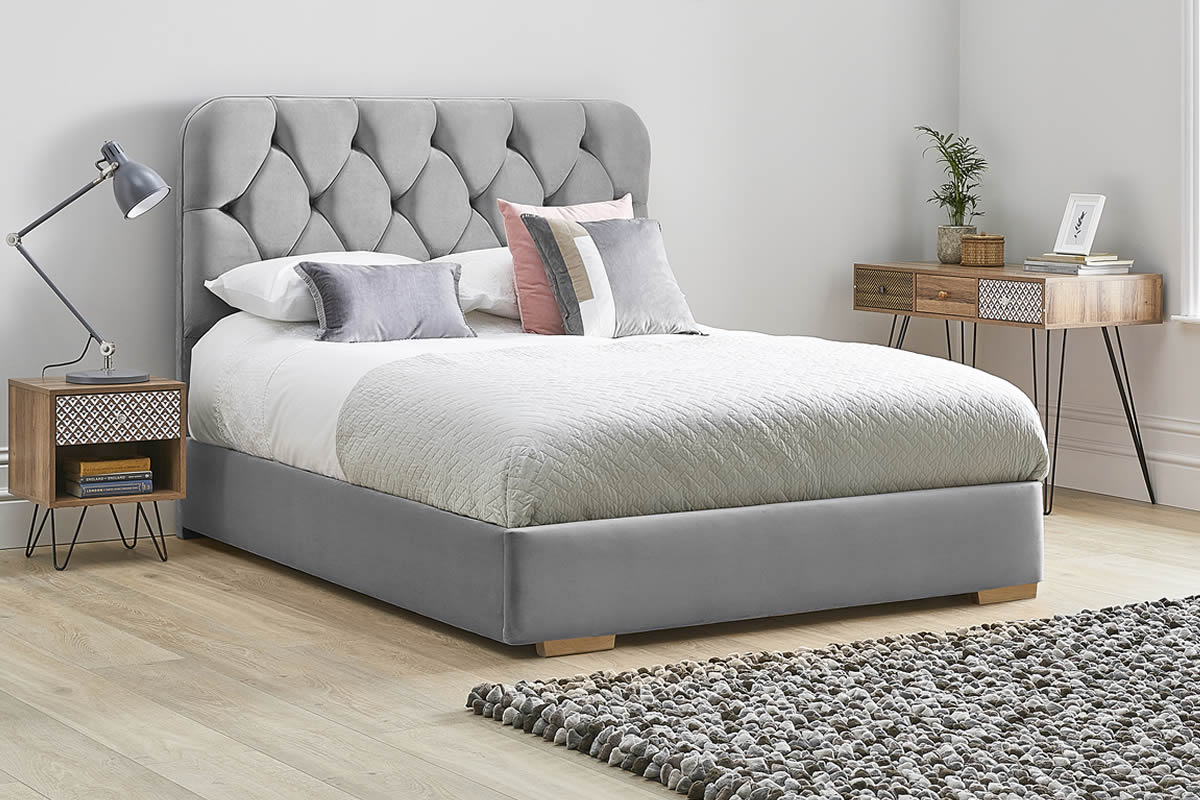 View Grey Fabric Bed Frame Rounded Deeply Padded Plush Buttoned Headboard Heavy Duty 60 Super King Bed Low Foot End Lilly information