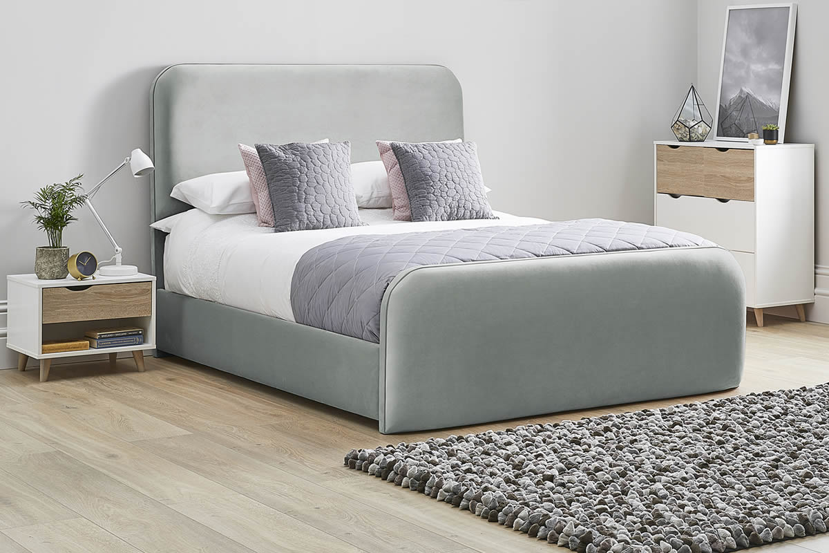 View Light Grey Fabric Bed Frame Rounded Deeply Padded Plush Tall Headboard Heavy Duty 46 Double Bed High Foot End Primrose information