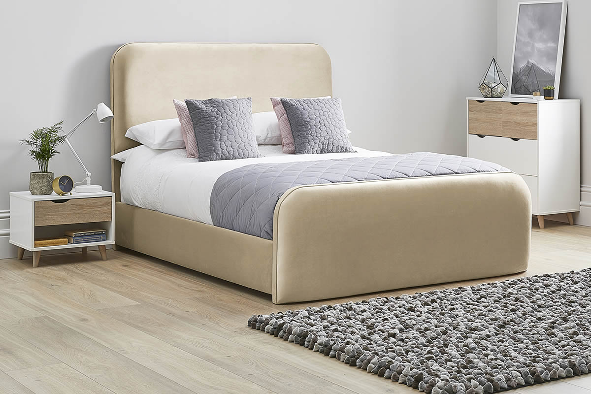 View Latte Cream Fabric Bed Frame Rounded Deeply Padded Plush Tall Headboard Heavy Duty 50 King Bed High Foot End Primrose information