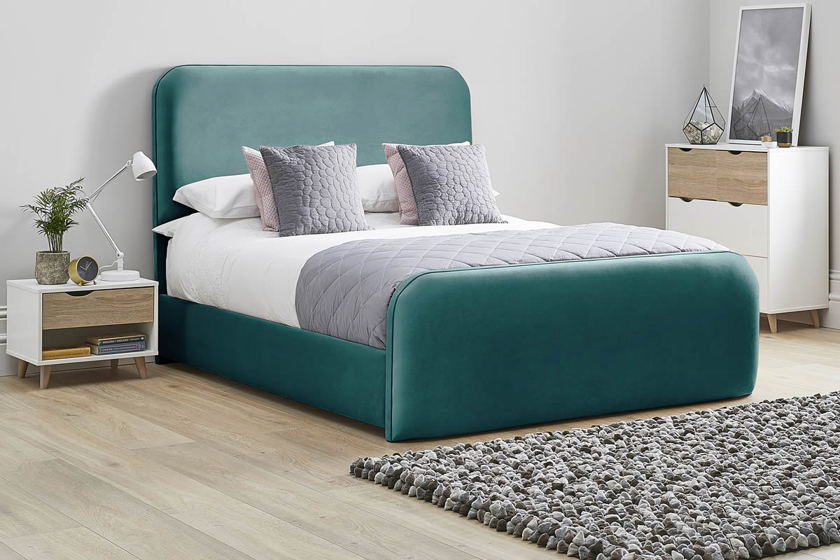 View Mallard Green Fabric Bed Frame Rounded Deeply Padded Plush Tall Headboard Heavy Duty 60 Super King Bed High Foot End Primrose information