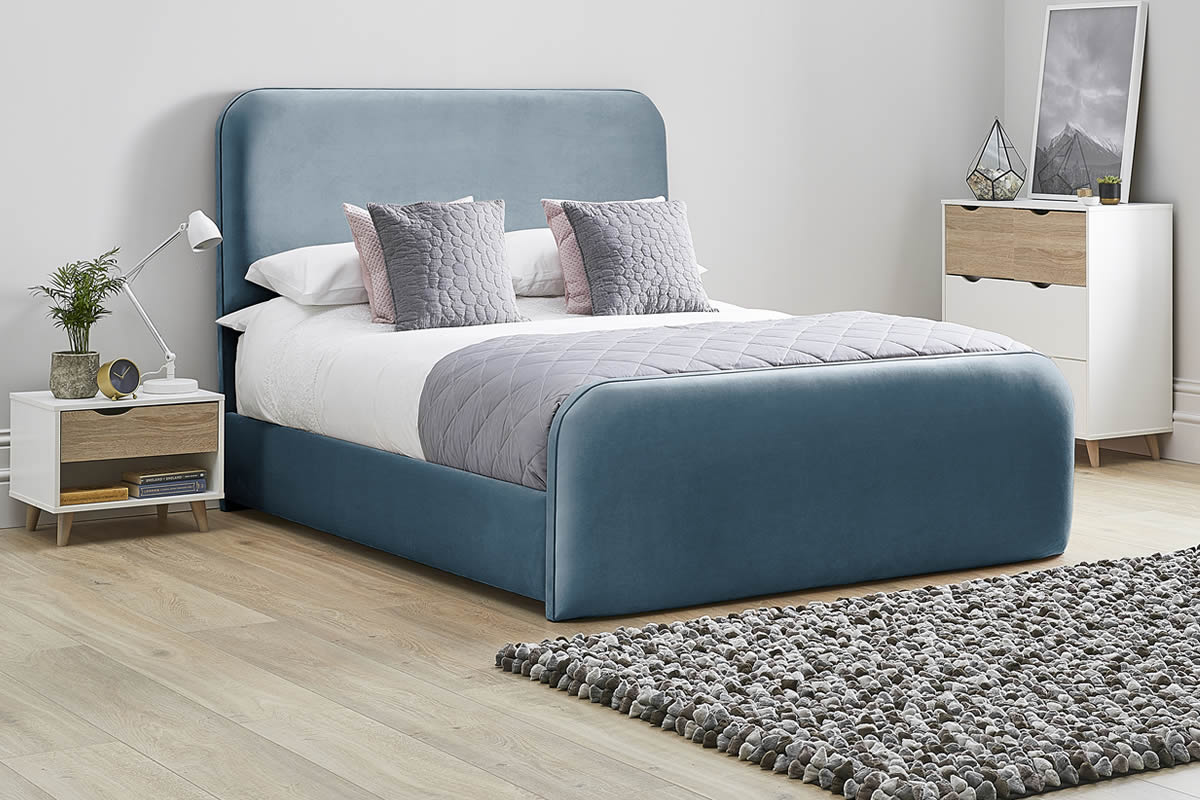 View Marine Blue Fabric Bed Frame Rounded Deeply Padded Plush Tall Headboard Heavy Duty 60 Super King Bed High Foot End Primrose information