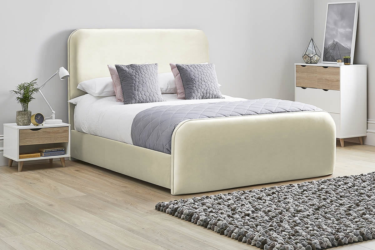 View Oatmeal Fabric Bed Frame Rounded Deeply Padded Plush Tall Headboard Heavy Duty 50 King Bed High Foot End Primrose information