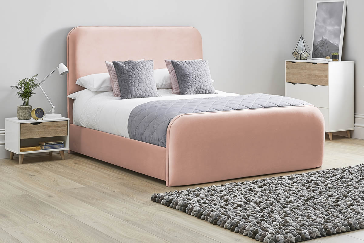 View Pink Fabric Bed Frame Rounded Deeply Padded Plush Tall Headboard Heavy Duty 50 King Bed High Foot End Primrose information