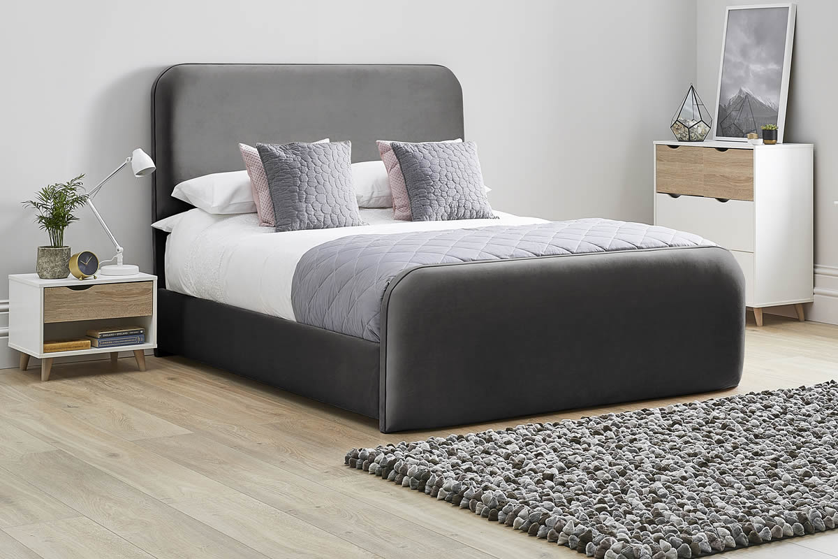 View Black Fabric Bed Frame Rounded Deeply Padded Plush Tall Headboard Heavy Duty 46 Double Bed High Foot End Primrose information