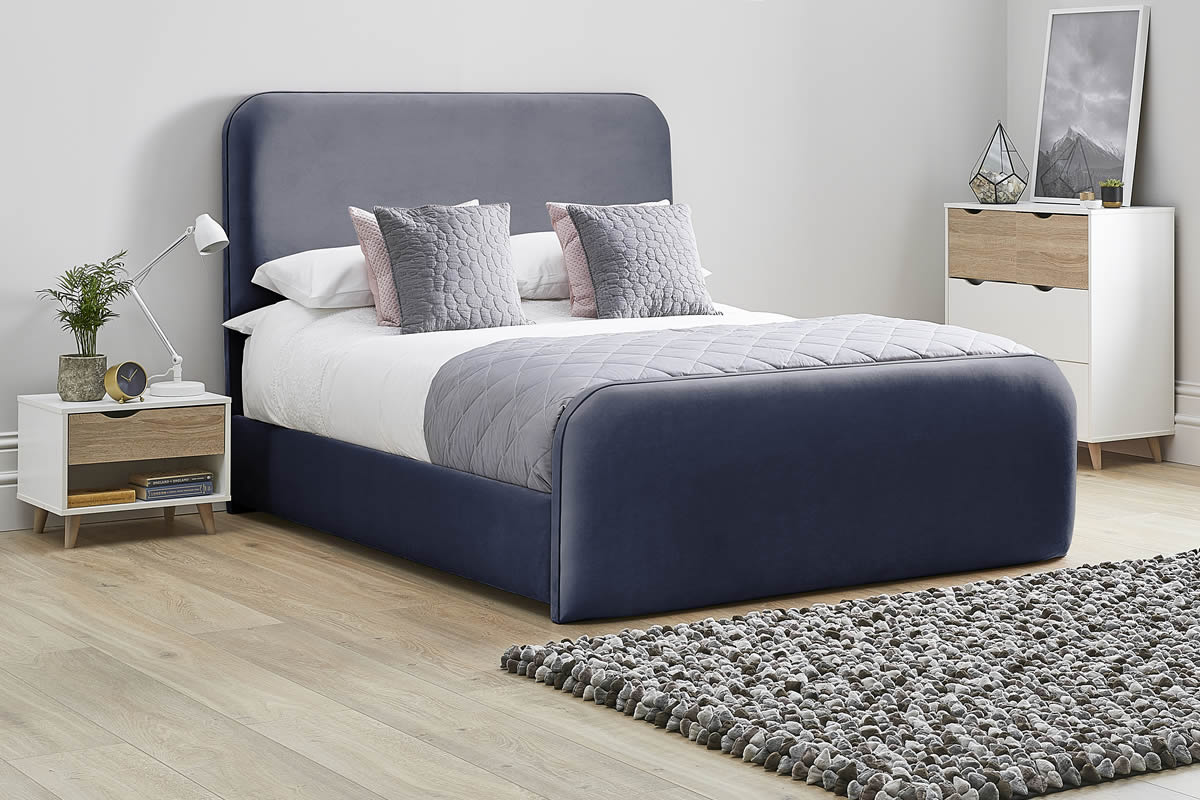 View Sapphire Blue Fabric Bed Frame Rounded Deeply Padded Plush Tall Headboard Heavy Duty 50 King Bed High Foot End Primrose information