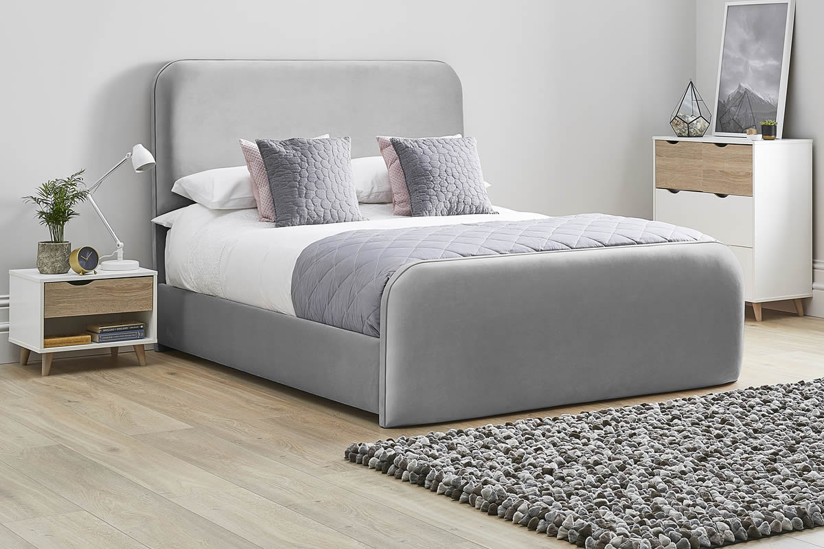 View Light Grey Fabric Bed Frame Rounded Deeply Padded Plush Tall Headboard Heavy Duty 60 Super King Bed High Foot End Primrose information