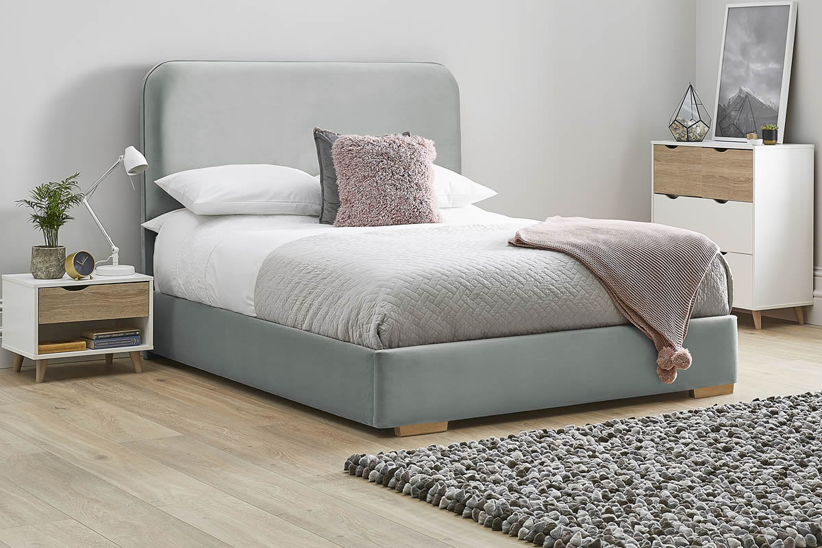 View Light Grey Fabric Bed Frame Rounded Deeply Padded Plush Tall Headboard Heavy Duty 50 King Bed Low Foot End Primrose information