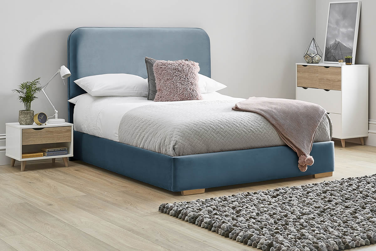 View Marine Blue Fabric Bed Frame Rounded Deeply Padded Plush Tall Headboard Heavy Duty 46 Double Bed Low Foot End Primrose information