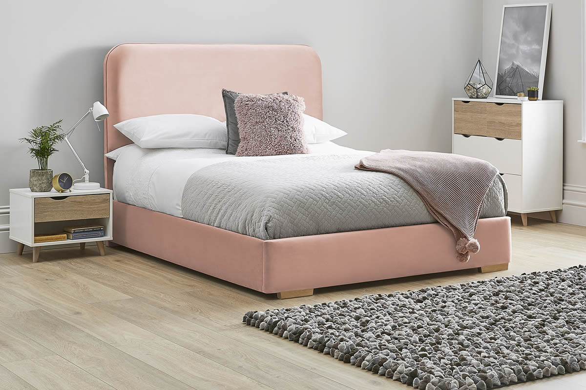 View Pink Fabric Bed Frame Rounded Deeply Padded Plush Tall Headboard Heavy Duty 60 Super King Bed Low Foot End Primrose information