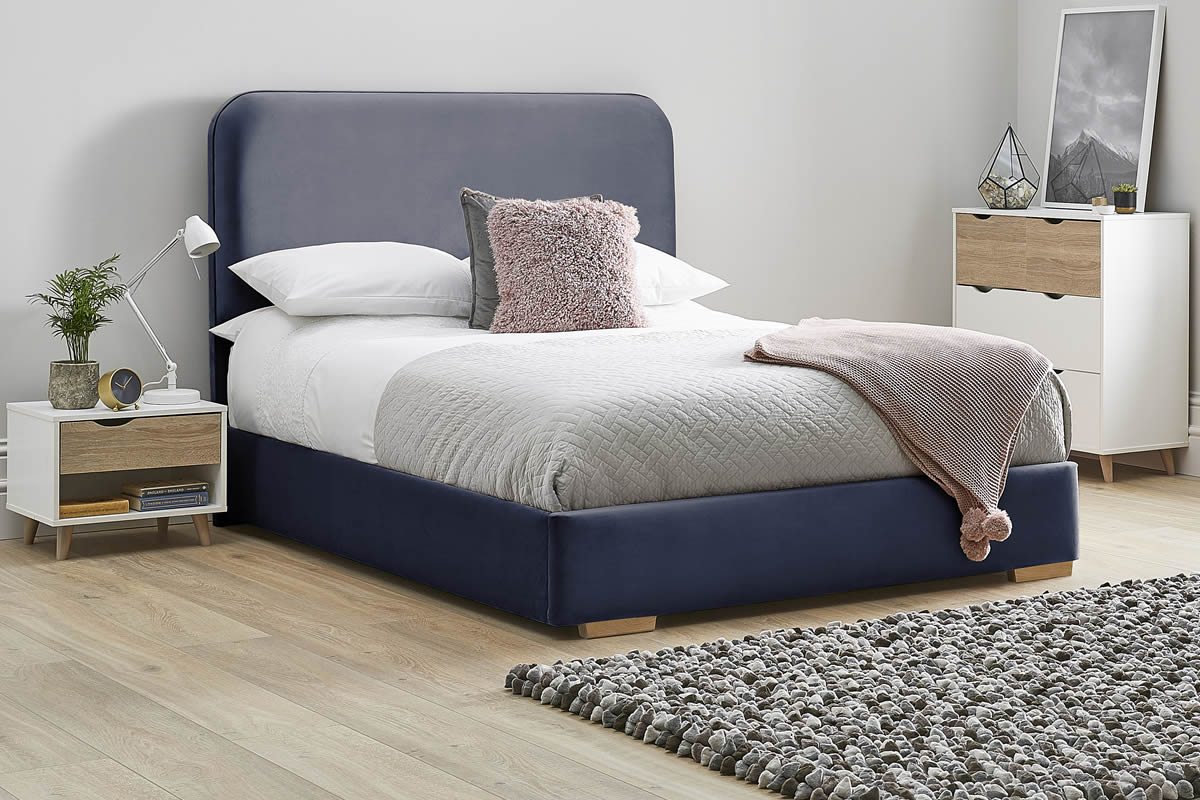 View Navy Blue Fabric Bed Frame Rounded Deeply Padded Plush Tall Headboard Heavy Duty 46 Double Bed Low Foot End Primrose information