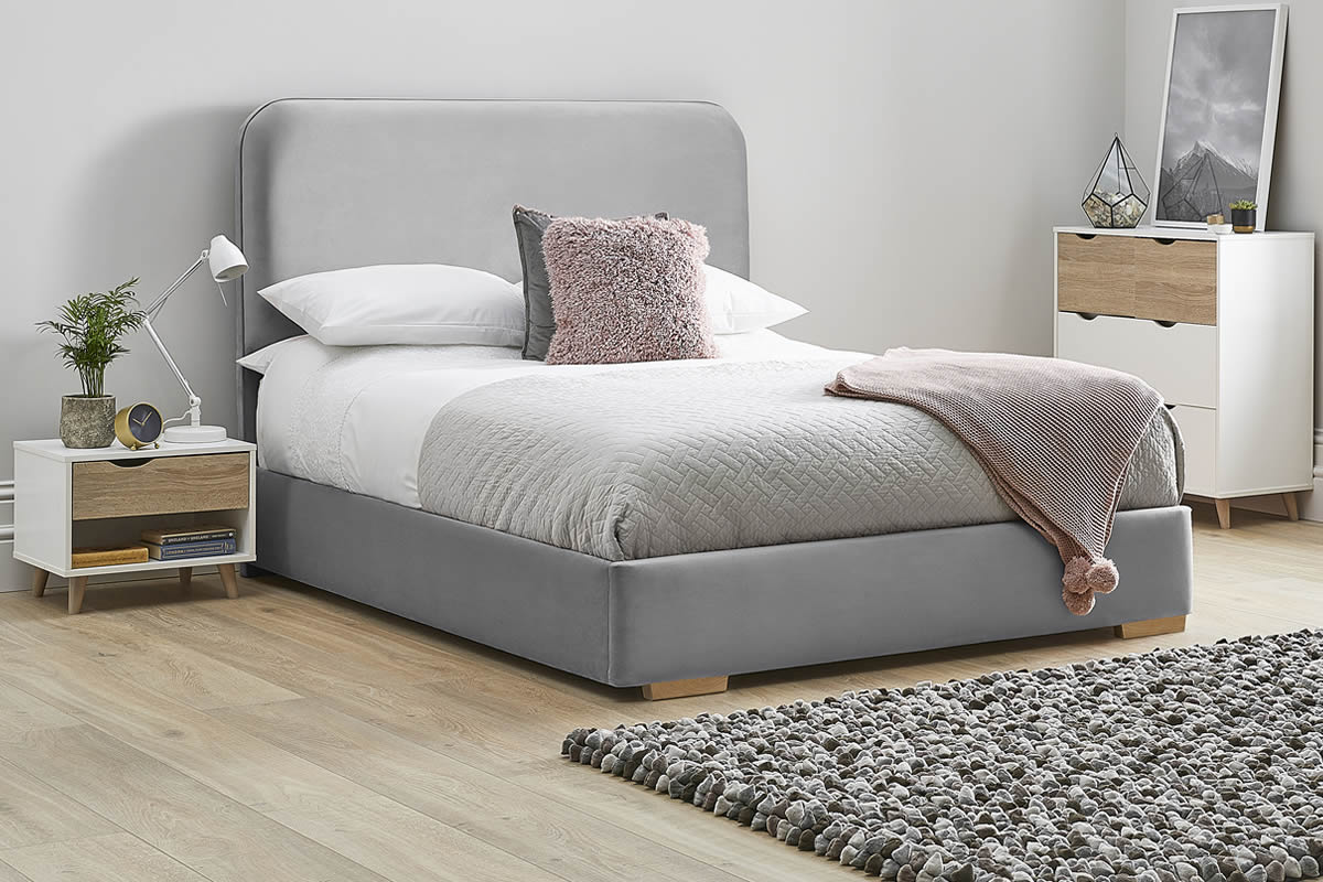 View Light Grey Fabric Bed Frame Rounded Deeply Padded Plush Tall Headboard Heavy Duty 46 Double Bed Low Foot End Primrose information
