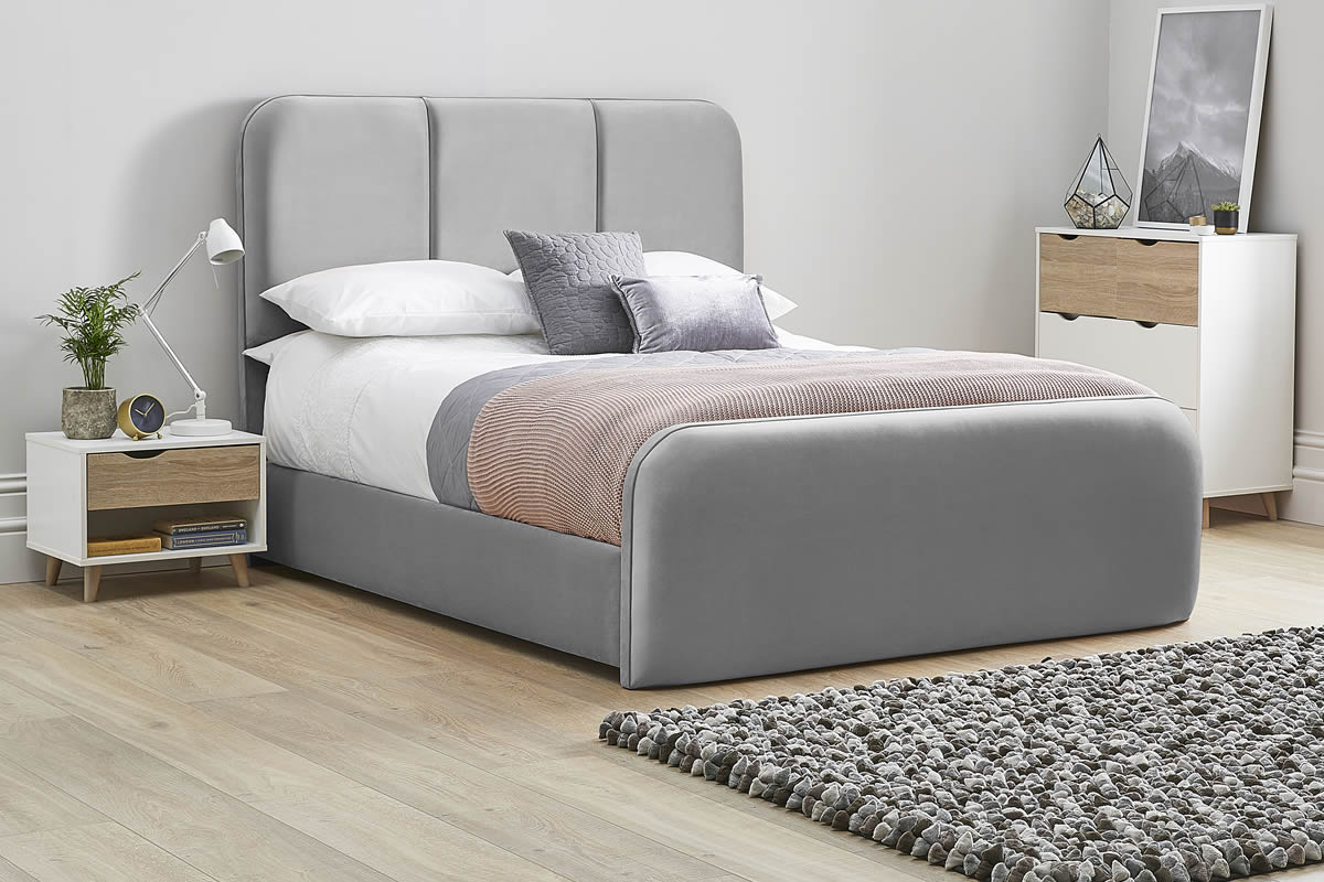 View Titanium Light Grey Fabric Bed Frame Tall Deeply Padded Arched Headboard Modern High Foot End Heavy Duty 50 King Bed Zinnia information