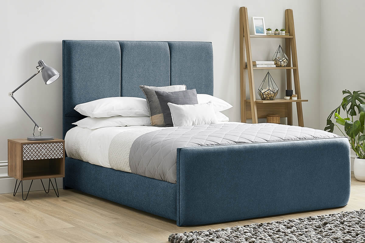 View Blue Fabric Super King Size Bed Frame Tall Three Column Padded Headboard Aspen information