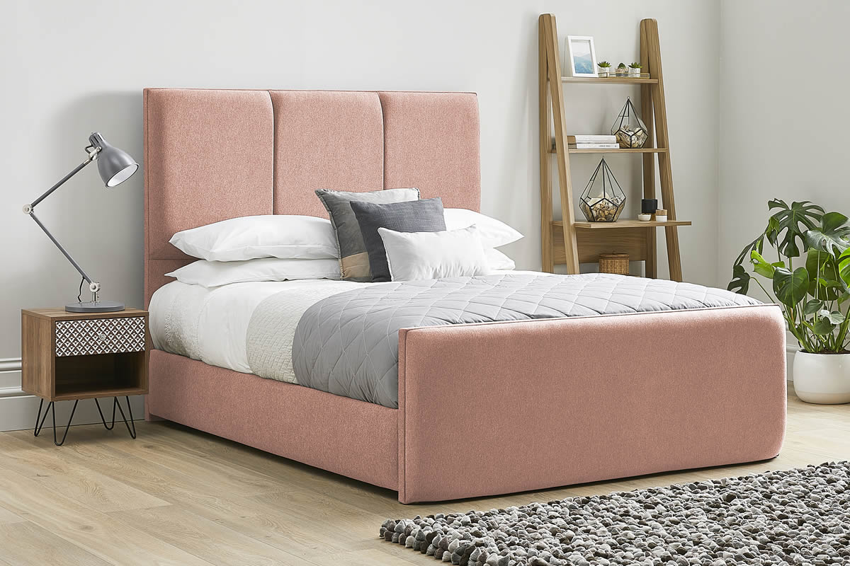 View Pink Fabric King Size Bed Frame Tall Three Column Padded Headboard Aspen information