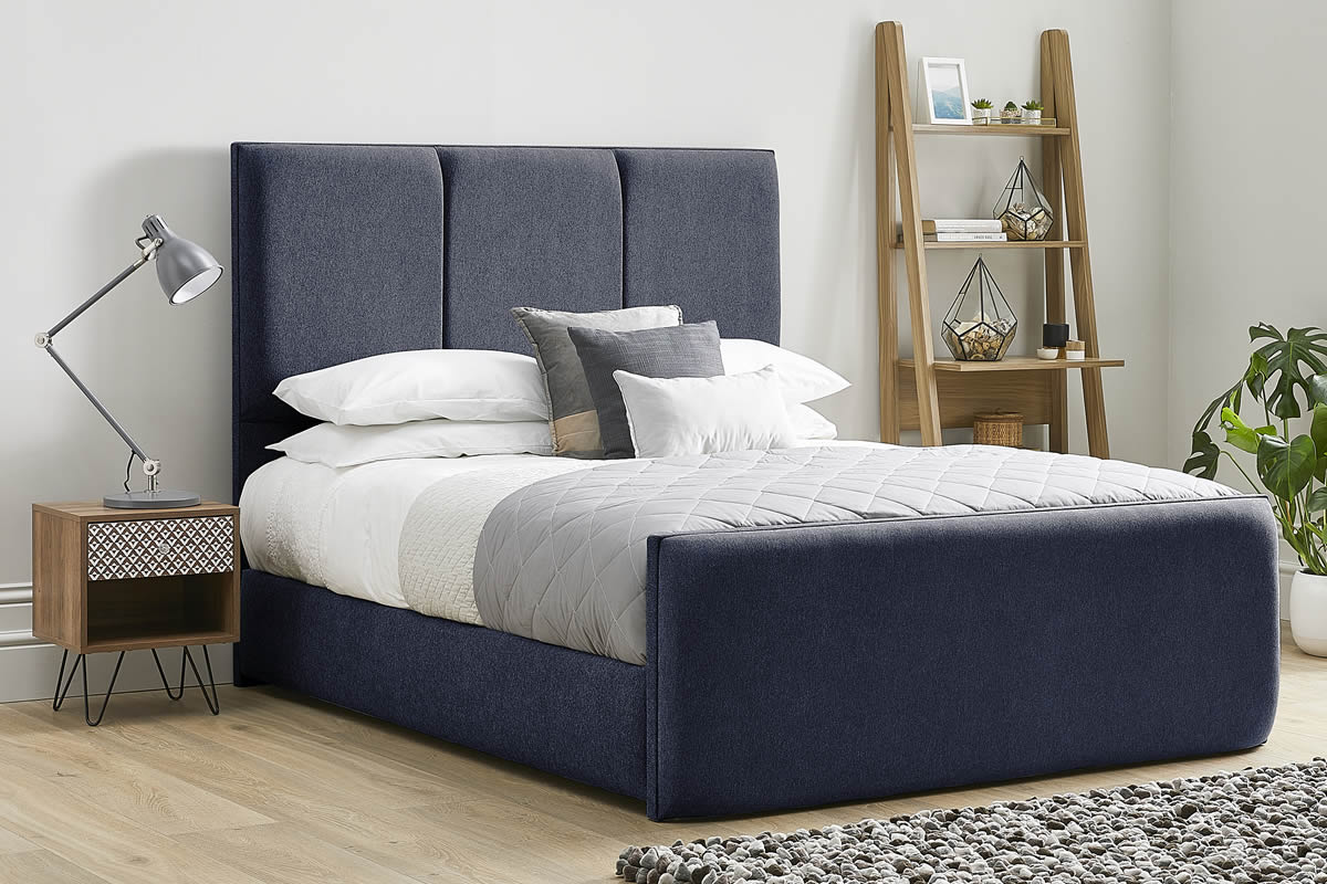 View Navy Fabric Super King Size Bed Frame Tall Three Column Padded Headboard Aspen information