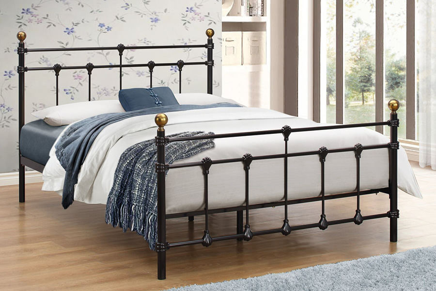 View Atlas Classic Black Metal Bed Frame Antique Brass Finials Sprung Slatted Base Single Small Double Double Size information