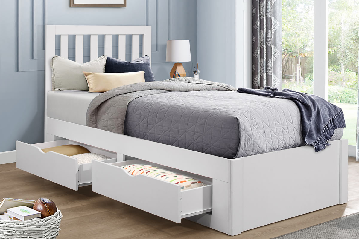 View White 30 90cm Single Appleby Wooden Bed Frame A Smart and Stylish Bed for Your Childrens Bedroom Two Storage Drawers Tall Slatted Headboard information