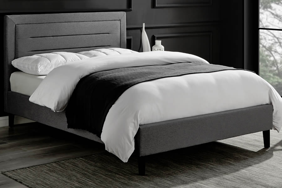 View King 50 Modern Grey Velvet Upholstered Fabric Bed Frame On Black Legs Deeply Padded Square Headboard Slatted Base Limelight Picasso information