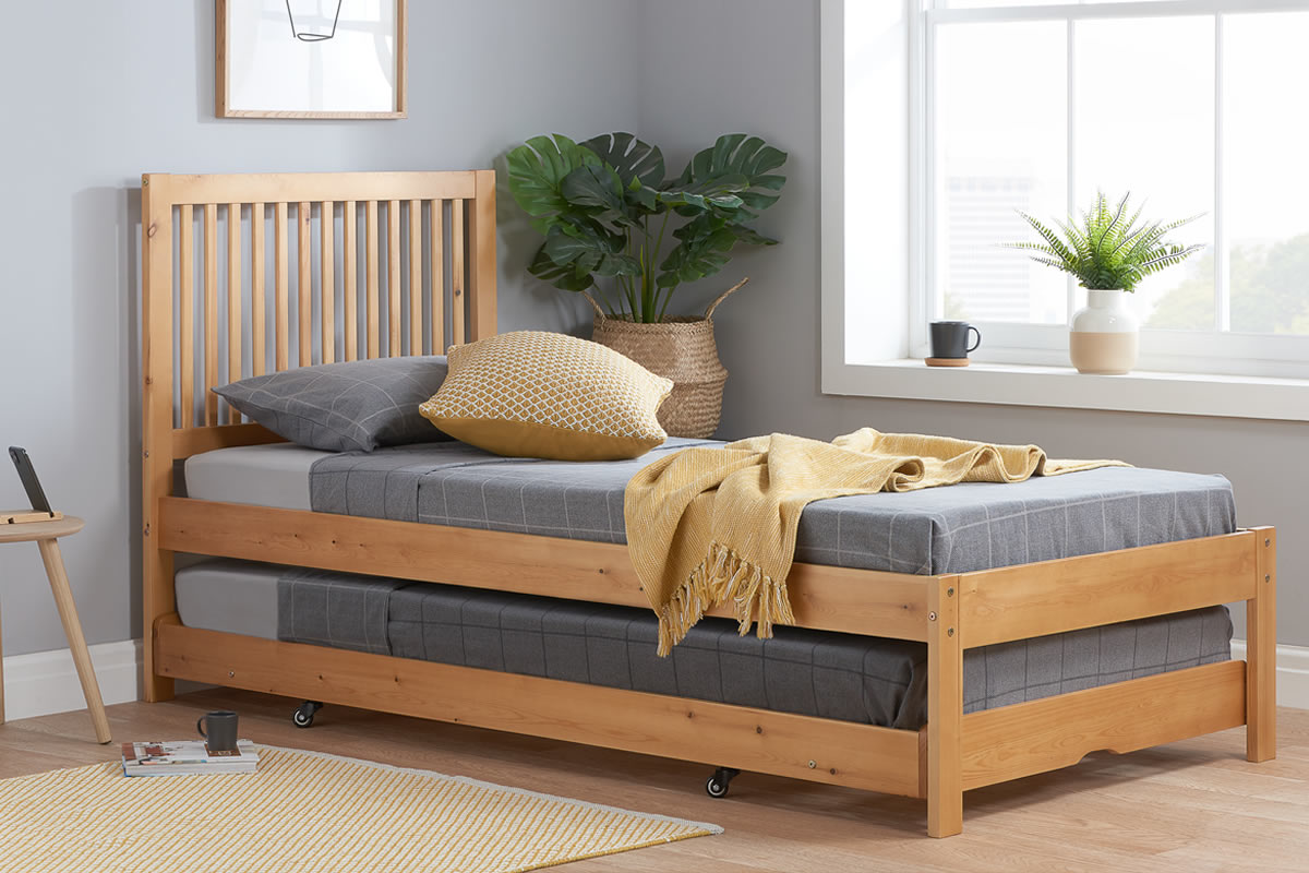 View Single Pine Wooden Trundle Bed Frame Extra Guest Bed Buxton information