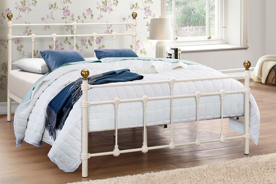 View Atlas Classic Cream Metal Bed Frame Antique Brass Finials Sprung Slatted Base Single Small Double Double Size information