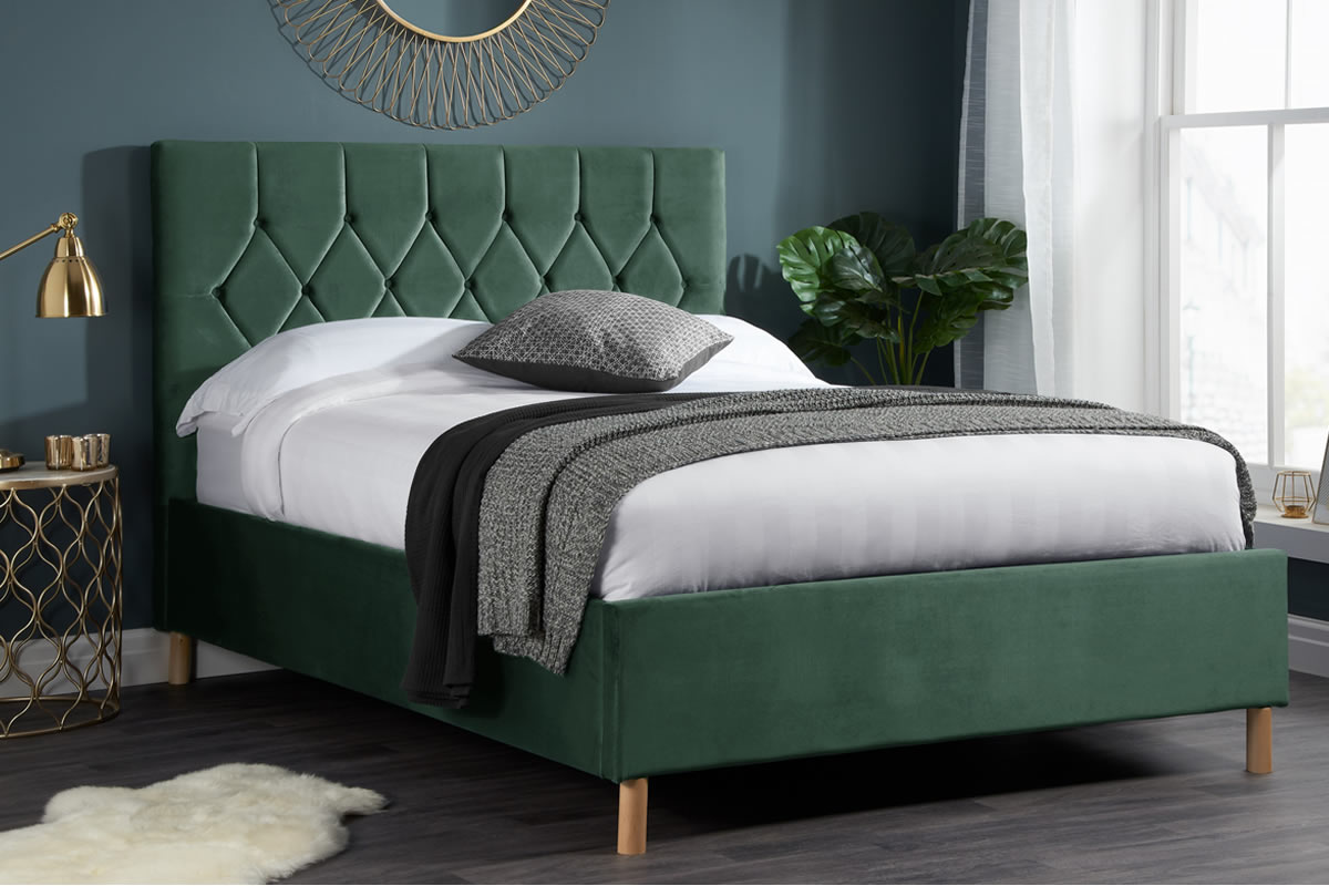 View Green King Size Fabric Ottoman Bed Padded Headboard Loxley information