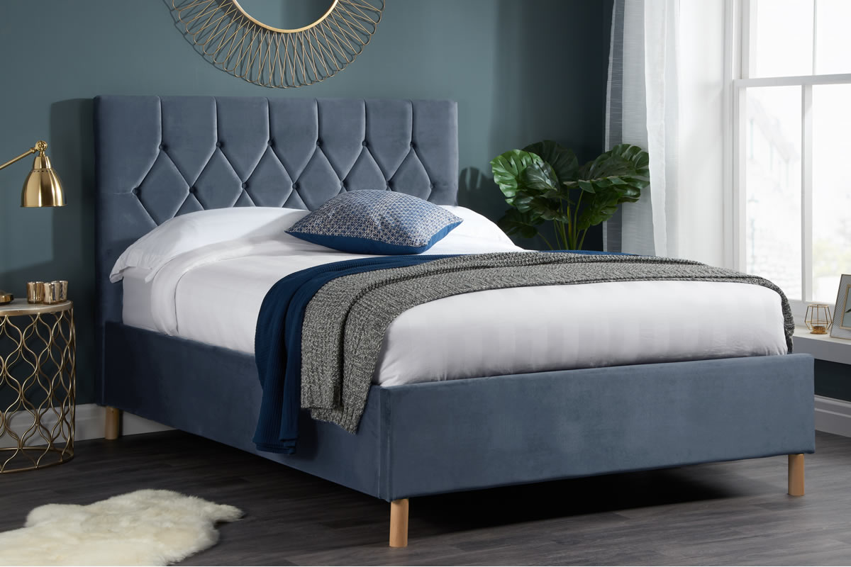 View Grey Double Fabric Bed Frame Padded Headboard Loxley information