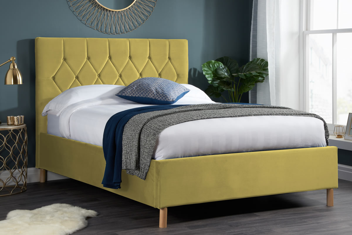 View Mustard Yellow Small Double Fabric Ottoman Bed Padded Headboard Loxley information