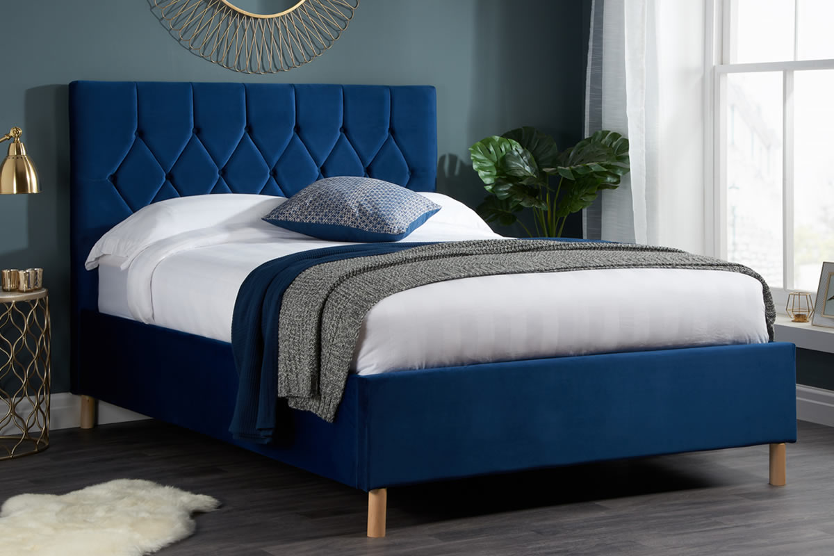 View Blue Double Fabric Ottoman Bed Padded Headboard Loxley information
