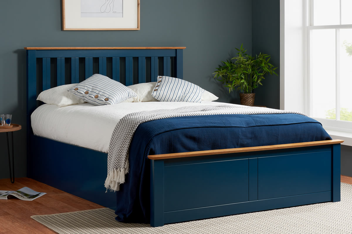 View Navy Blue Wooden 50 King Size Ottoman Lift Up Storage Bed Frame Shaker Style Slatted Headboard Low Foot Board Strong Slatted Base Phoeni information