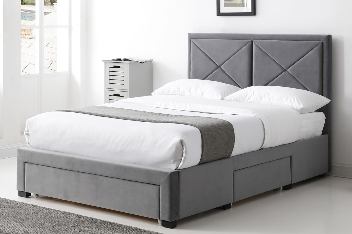 View Kingsize 50 Grey Velvet Modern Fabric Storage 3 Drawer Bed Frame Square Deeply Padded Headboard Stitched Detail Low Foot End York information