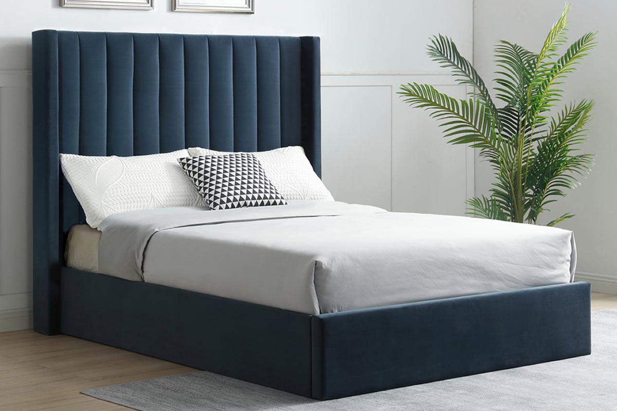 View 60 Superking Blue Ink Velvet Modern Ottoman Bed Frame Tall Headboard With Wings Vertical Stitched Panels Deep Storage Bed Frame Emerson information