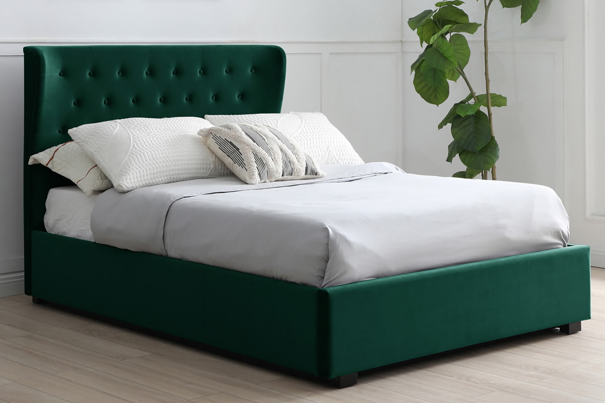 View Green Velvet Kingsize Ottoman Storage Bed Frame Easy Lift Up Storage Compartment Deeply Padded Buttoned Headboard Kenington information