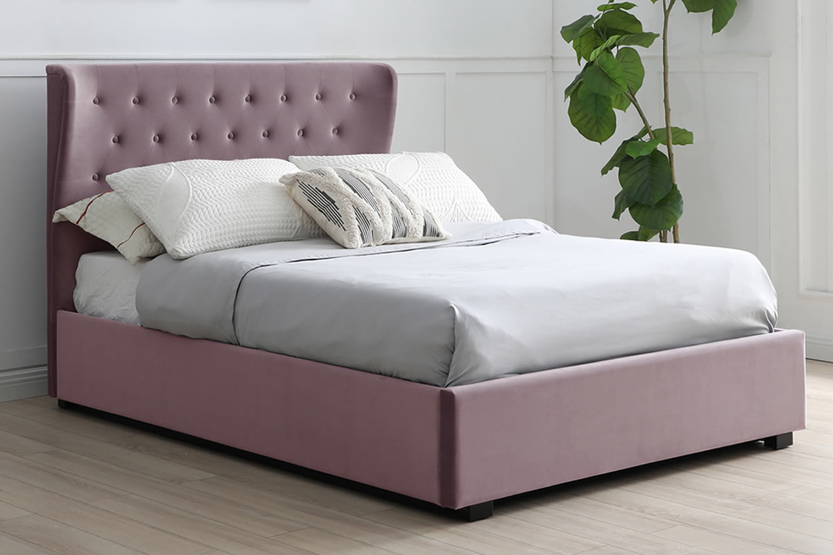 View Heather Pink Velvet Double Ottoman Storage Bed Frame Easy Lift Up Storage Compartment Deeply Padded Buttoned Headboard Kenington information