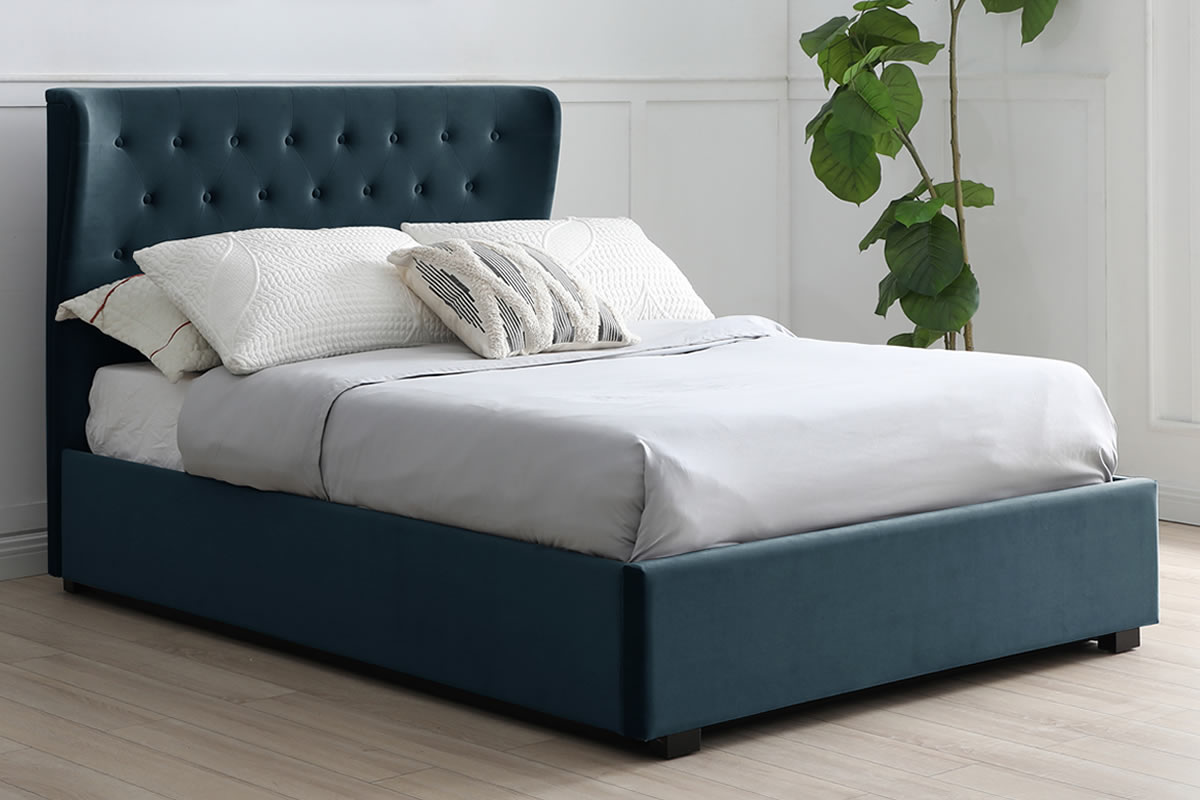 View Blue Ink Velvet Kingsize Ottoman Storage Bed Frame Easy Lift Up Storage Compartment Deeply Padded Buttoned Headboard Kenington information