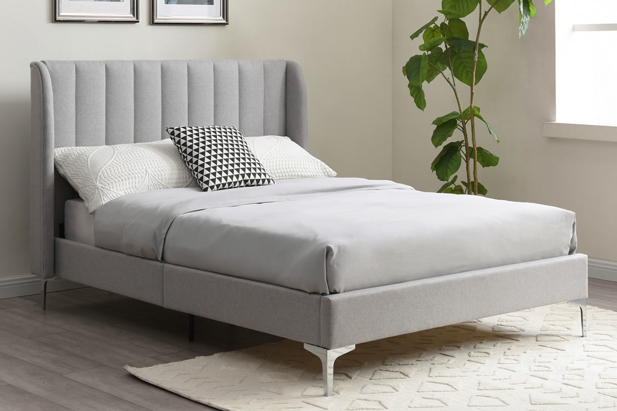 View 60 Superking Modern Grey Soft Touch Fabric Bed Frame Tall Vertical Stitched Headboard Low Design Footboard Strong Slatted Base Avery information