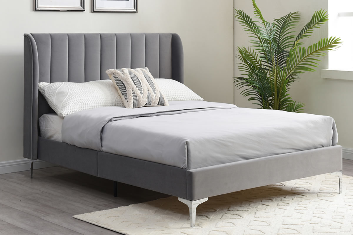 View 50 King Modern Grey Plush Velvet Bed Frame Tall Vertical Stitched Headboard Low Design Footboard Strong Slatted Base Avery information