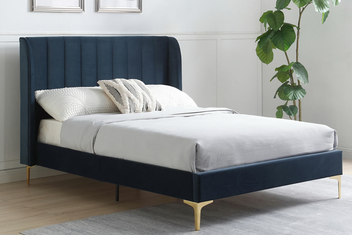 View 50 King Modern Blue Ink Plush Velvet Bed Frame Tall Vertical Stitched Headboard Low Design Footboard Strong Slatted Base Avery information