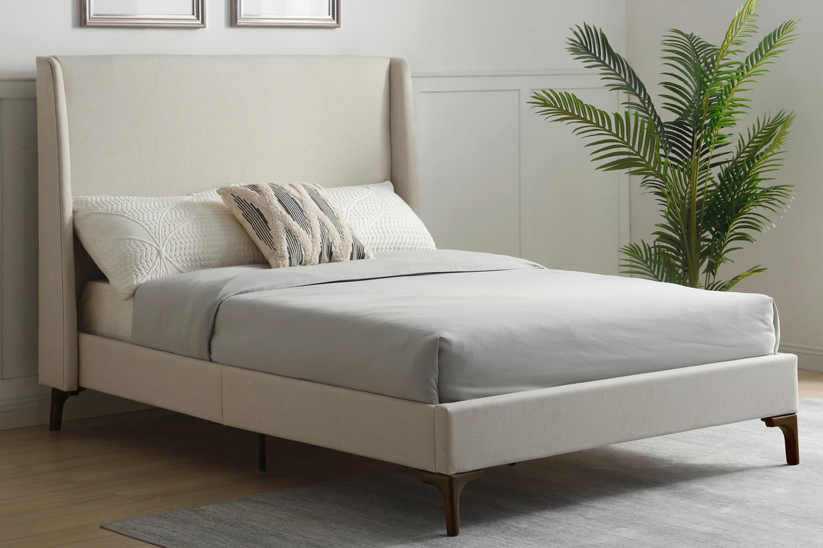 View 50 King Size Stone Cream Linen Fabric Bed Frame Low Foot End Tall Headboard With Side Wing Panels Slatted Base With Centre Support Denver information