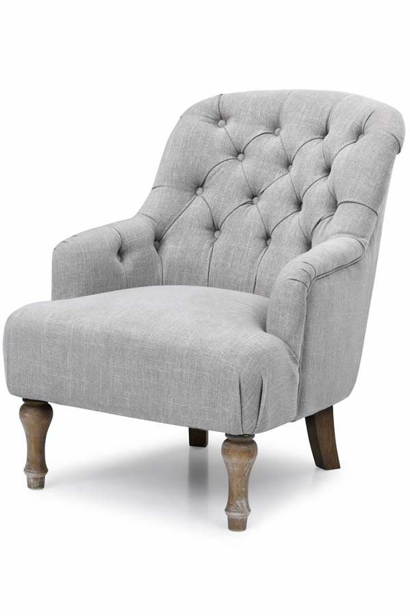 View Bianca Linen Accent Armchair Upholstered Antheia Grey Deep Buttoned Backrest Hardwood Lime Washed Oak Legs Arianna Fabric Occasional Chair information