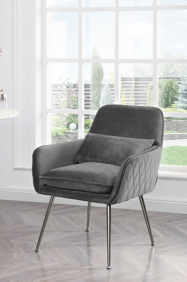 View Jess Grey Velvet Fabric Upholstered Accent Occasional Bedroom Side Armchair Deeply Padded Seat Diamond Stitched Design Gold Finish Metal Leg information