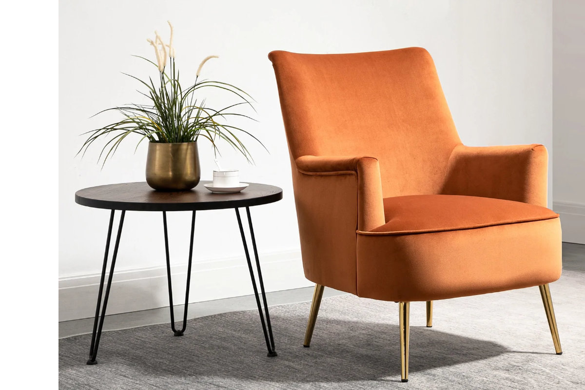 View Jetson Burnt Orange Plush Velvet Fabric Upholstered Accent Occasional Bedroom Side Armchair Deeply Padded Seat Gold Finish Metal Leg Retro Style information
