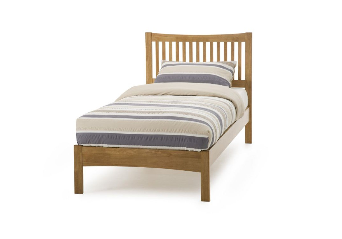 View 30 Single Size Oak Finish Shaker Styled Wooden Bedframe High Slatted Curved Headboard Low Footend Slatted Base With Centre Rail Mya information