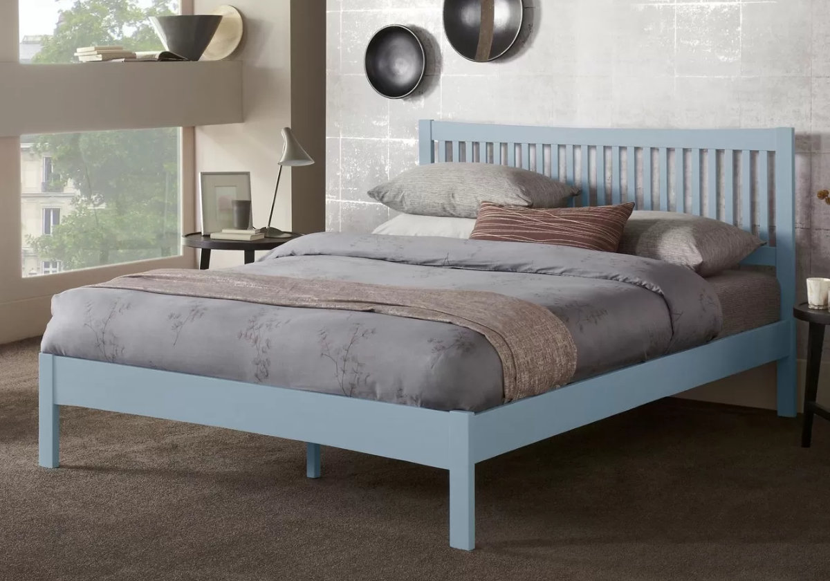 View Grey 40 Small Double Size Shaker Styled Wooden Bedframe High Slatted Curved Headboard Low Footend Slatted Base With Centre Rail Mya information