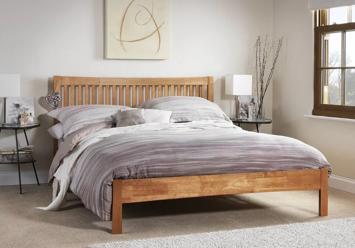 View Oak 46 Double Size Opal White Shaker Styled Wooden Bedframe High Slatted Curved Headboard Low Footend Slatted Base With Centre Rail Mya information