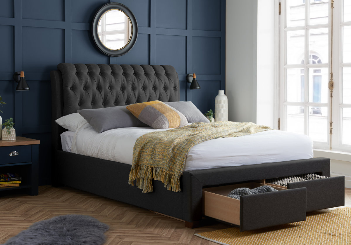 Fabric bed deals frame with drawers