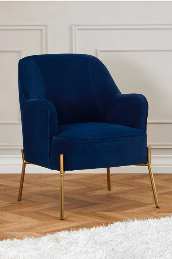 View Mia Navy Blue Plush Velvet Fabric Upholstered Accent Occasional Bedroom Side Armchair Deeply Padded Seat Gold Finish Metal Leg information