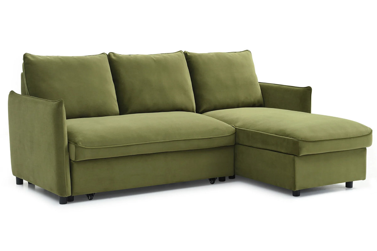 View Blaire Olive Green Velvet Fabric Corner 3Seater Sofa Bed Including Ottoman Storage Can Be Left Or Right Handed Double Bed Settee Quick Delivery information